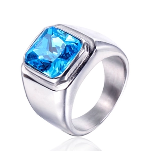 Minimalist silver steel ring with a large square step-cut blue gemstone for men