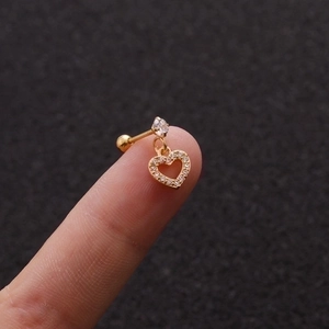 Golden stainless steel heart pendant stud earring with sparkling cubic zirconia inlay