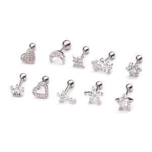 10-piece silver surgical steel ear piercing set with cross heart moon and zircon shapes