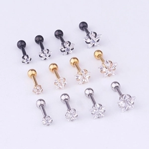 Star-shaped stainless steel tragus earrings set with cubic zirconia in black gold and silver