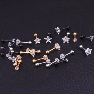 Star-shaped stainless steel tragus earrings with zircon in silver, gold, and black colors