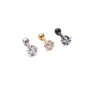 Star-shaped stainless steel tragus earrings with clear zircon stones in three colors