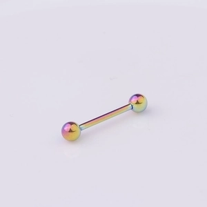 Rainbow surgical steel barbell body jewelry with iridescent finish on white background