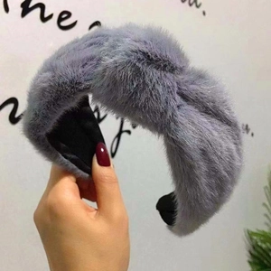 Winter plush rabbit fur headband in grey with a stylish handmade knotted design