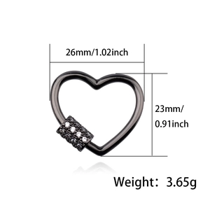 Fermoir cœur en métal noir avec zircons pour la création de bijoux, taille 26mm x 23mm