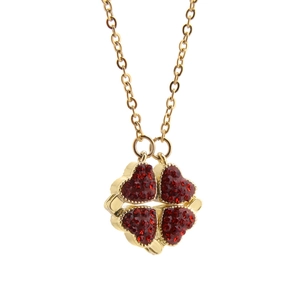 Rose gold magnetic folding four-leaf clover necklace with red heart-shaped crystals
