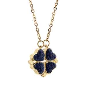 Rose gold magnetic folding four-leaf clover necklace with sparkling deep blue heart components