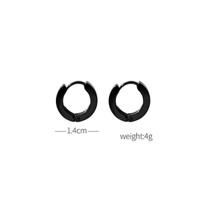 Detail view of 1.4cm black stainless steel hoop earrings showing size and 4g weight