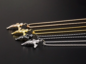 Detailed showcase of angel pendant necklaces in gold, rose gold, silver and antique silver