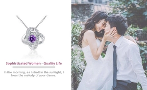 Detail of S925 sterling silver spinning clover pendant with purple crystal and zirconia