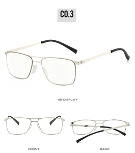 Detail view of silver metal full-frame reading glasses with retro double bridge design