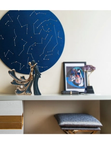 Artistic modern ceramic couple sculpture in dark blue glaze with gold edge details