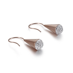 Minimalist rose gold cone earrings with sparkling diamond-set spheres on white background