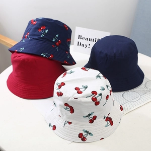 Kids Bucket Hat Cotton Reversible Cherry Print Wide Brim Sun Protection Cute Summer Outdoor Casual For Boys Girls