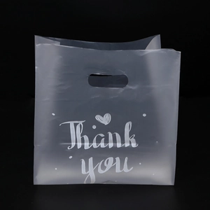 Frosted semi-transparent plastic bag with white Thank You lettering and die-cut handle