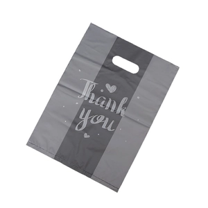 Sac shopping en plastique gris Thank You avec poignée découpée et motif de coeur