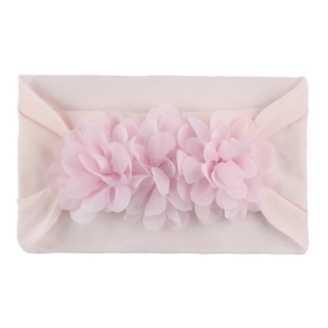 Soft pink nylon baby headband featuring three delicate chiffon flowers on a white background