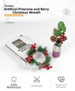 Artificial Christmas wreath and pine needle vase set with snow coating for festive decor