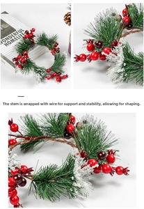 Detailed view of flexible wire frame in snowy PVC pine needle wreath with red berries