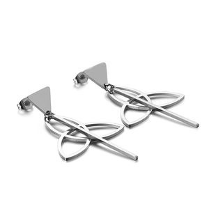 Silver geometric triangle earrings with Celtic knot pattern and long metal bar pendant