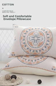 Detail of cotton envelope pillowcases featuring ethnic orange and blue geometric patterns