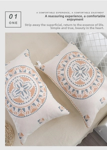 Detailed texture of cotton gauze pillowcases with mandala patterns on a beige bedsheet