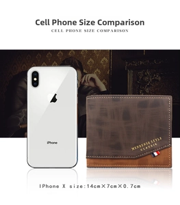 Men's bifold wallet size comparison with a phone showing leather texture and logo