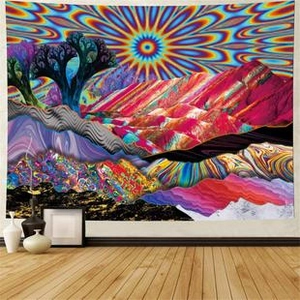 Detail of Nordic Christmas tree tapestry featuring a colorful psychedelic landscape and sun