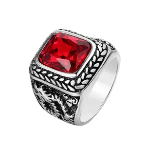 Retro dragon men's steel ring featuring a square red gemstone and vintage silver engraving