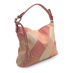 Pink and beige patchwork PU leather shoulder bag with tassels and diamond pattern texture