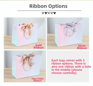 Pink gradient gift bag with gold typography and various ribbon bow detail options