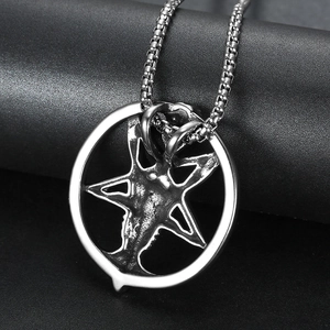 Polished stainless steel ram pentagram pendant on a silver box chain necklace