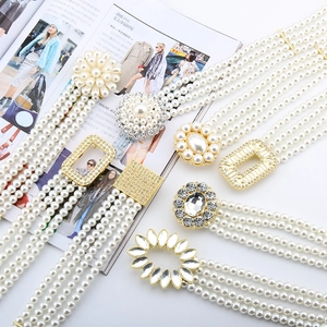 Elegant Multi Row Imitation Artificial Pearl Elastic Belt For Women Dress Decorative Alloy Rhinestone Buckle Waist Chain Accessory