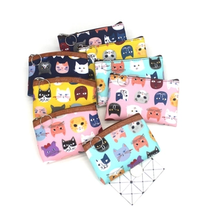 Assorted colorful cartoon cat print mini canvas wallets with secure zipper and keychain hooks