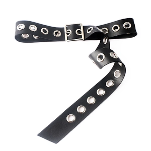 Women's black leather belt with square metal buckle and decorative oversized eyelets