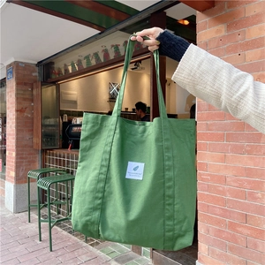 Detail of green canvas tote bag with You need this one label against red brick wall