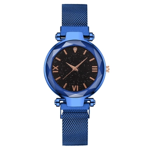 Blue stainless steel mesh watch with starry sky dial and faceted crystal lens