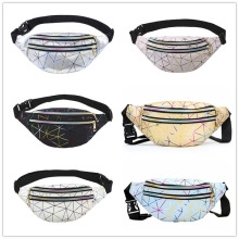 Matrix display of laser geometric fanny packs in six metallic reflective colors