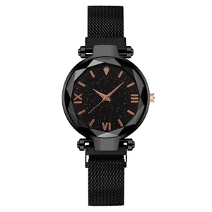Women's black starry sky watch with faceted glass and magnetic Milanese mesh band