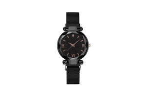 Detail of faceted glass prism on starry black dial watch with magnetic mesh band