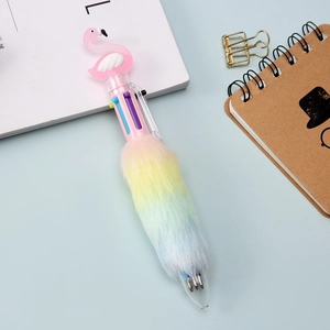 Detail of flamingo multi-color ballpoint pen with rainbow plush texture and press buttons