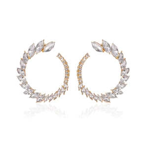 Sparkling gold C-shaped marquise zircon earrings with leaf design for bridal wear