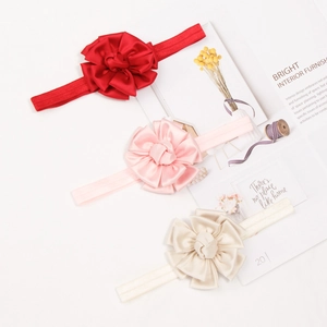3-piece baby floral headbands set with satin roses in red, pink, and beige elastic fabric