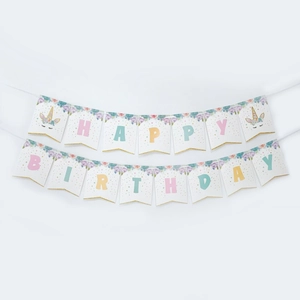 Unicorn happy birthday glitter banner with pastel flowers and macaron colors