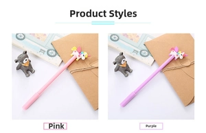 Detail of pink and purple unicorn neutral pens featuring creative 3D cartoon toppers