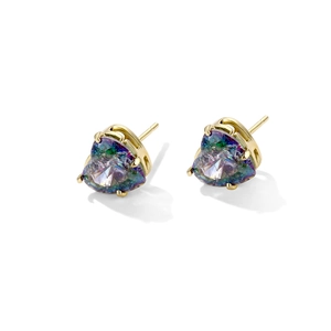 Sparkling heart shaped multi-colored zircon stud earrings with four-prong gold plated setting