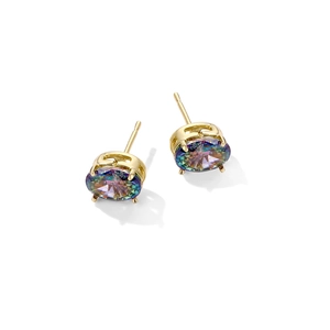 Rainbow oval crystal earrings with four-prong gold-plated setting on white background