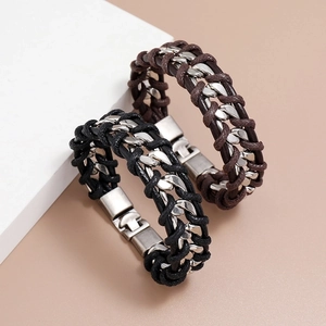 Men's punk style woven leather bracelet set with silver chain and metal buckle