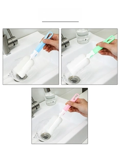Three colors of long-handled sponge brushes for cleaning deep glasses and baby bottles