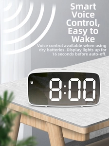 White LED mirror alarm clock with voice control sensor and five functional buttons on top